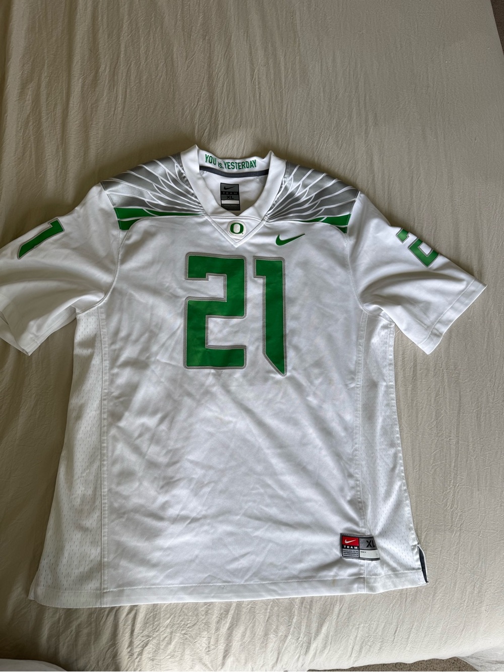 Nike White & Green #21 Football Jersey